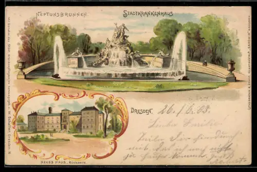 Lithographie Dresden, Neptunbrunnen, Stadtkankenhaus, Neues Haus
