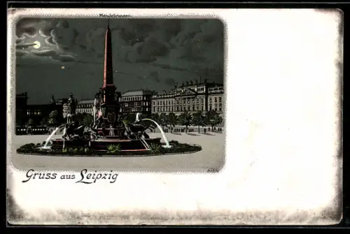 Lithographie Leipzig, Mendebrunnen bei Nacht