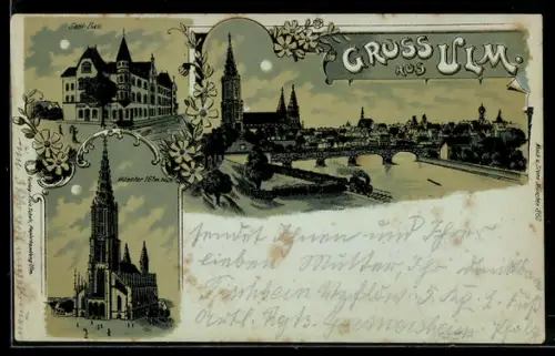 Mondschein-Lithographie Ulm, Münster, Donauufer, Saal-Bau