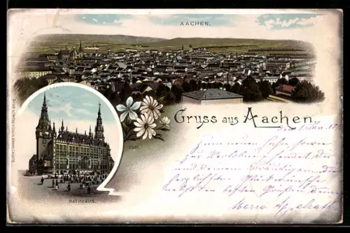 Lithographie Aachen, Ortsansicht aus der Vogelschau, Rathaus