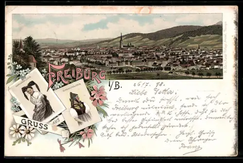 Lithographie Freiburg i. B., Stadtpanorama, Schwarzwaldtrachten