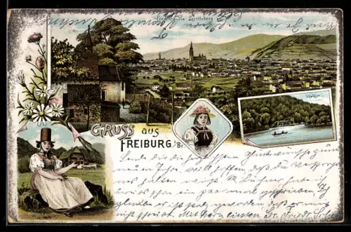 Lithographie Freiburg i. Br., Ortsansicht mit Kirche