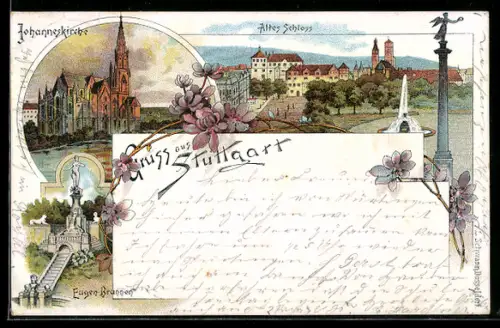 Lithographie Stuttgart, Johanneskirche, Altes Schloss, Eugensplatz