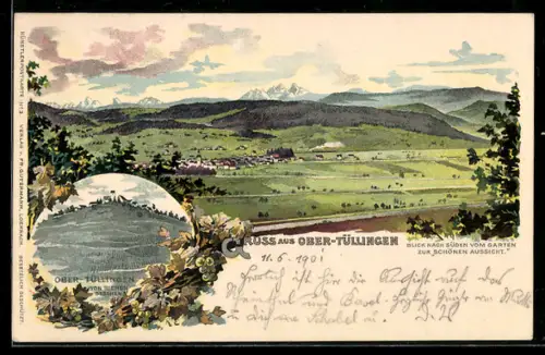 Lithographie Ober-Tüllingen, Blick nach Süden vom Gasthaus Zur Schönen Aussicht