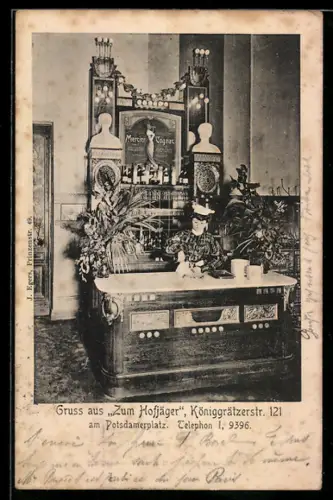 AK Berlin, Gasthaus Zum Hofjäger, Königgrätzerstr. 121, am Potsdamerplatz, Innenansicht mit Thekenfräulein