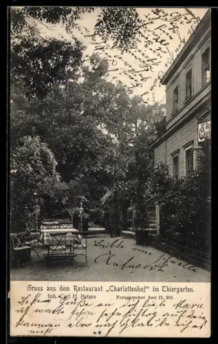 AK Berlin, Tiergarten, Restaurant Charlottenhof, Inh. Carl H. Peters, Gartenansicht