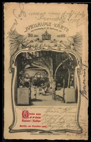 AK Berlin, Gasthaus Kaiser-Keller, Jubiläumskarte zur Eröffnung 30. Okt. 1899, Innenansicht, Schmuckrahmen