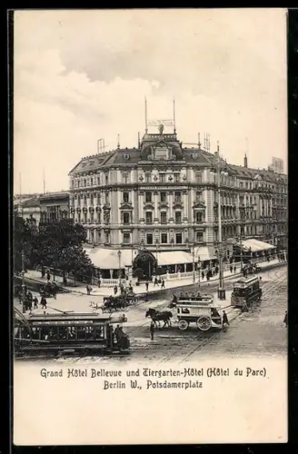 AK Berlin, Grand Hôtel Bellevue und Tiergarten-Hôtel, Potsdamerplatz, Strassenbahnen