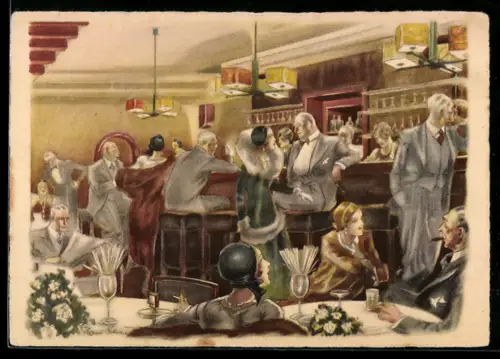 Künstler-AK Berlin, Tanzbar Rio Rita, Innenansicht mit Gästen u. Theke, Tauntzienstrasse 12
