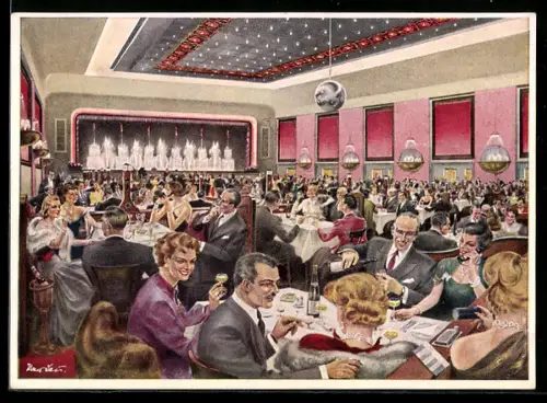 Künstler-AK Berlin-Kreuzberg, Gaststätte Ballhaus Resi, Hasenheide 32-38, Wasserspiele, Tanzsaal, Gesellschaft