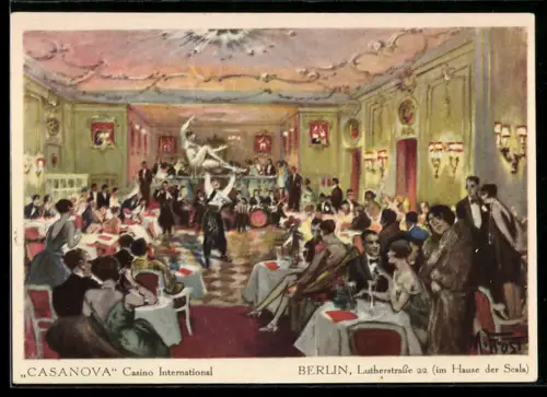 Künstler-AK Berlin, Gaststätte Casanova Casino International, Lutherstrasse 22, Rokokosaal, Tanzvorführung, Gäste