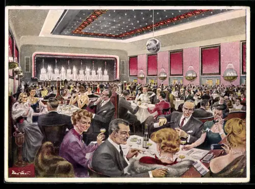 Künstler-AK Berlin, Gaststätte Ballhaus Resi, Hasenheide 32-38, Auführung Wasserspiele, Tanzsaal mit Gästen