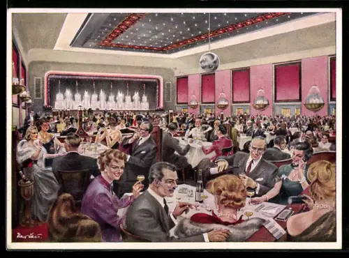 Künstler-AK Berlin-Kreuzberg, Gaststätte Ballhaus Resi, Hasenheide 32-38, Auführung Wasserspiele, Saal mit Gästen