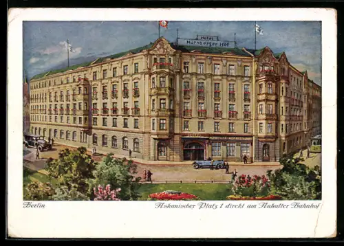 Künstler-AK Berlin-Kreuzberg, Hotel Nürnberger Hof F. Otto, Askanischer Platz 1, Anlagen, Strasse, 