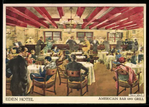 Künstler-AK Berlin-Tiergarten, Eden Hotel, Americain Bar und Grill mit Gästen