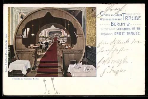 AK Berlin, Weinrestaurant Traube, Inh. Ernst Traube, Leipzigerstr. 117/118, Innenansicht mit Fass-Passage