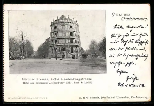 AK Charlottenburg, Berliner Strasse, Ecke Hardenbergstrasse, Hotel und Restaurant Hippodrom Inh. Loch & Aurich