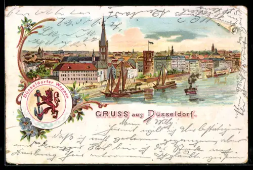 Lithographie Düsseldorf, Rheinansicht mit Altstadtpanorama, Kirche, Turm, Boote, Düsseldorfer Wappen