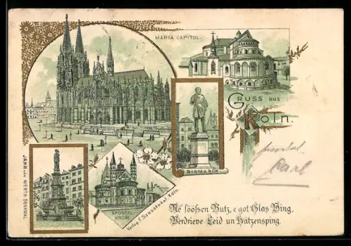 Lithographie Köln, Dom, Maria Capitol, Apostelkirche, Bismarck-Denkmal