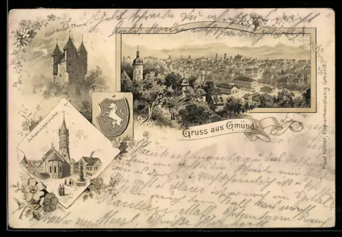 Lithographie Gmünd, Gesamtansicht, Fünfknopfturm, Johanniskirche, Wappen