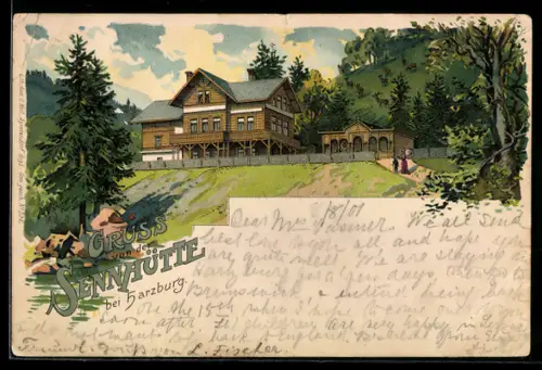 Lithographie Harzburg, Sennhütte mit Nebengebäude, Panorama