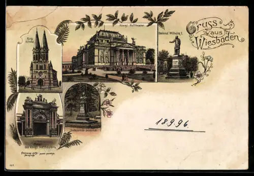 Lithographie Wiesbaden, Königl. Hoftheater, Denkmal Wilhelm I., Bodenstedt-Denkmal
