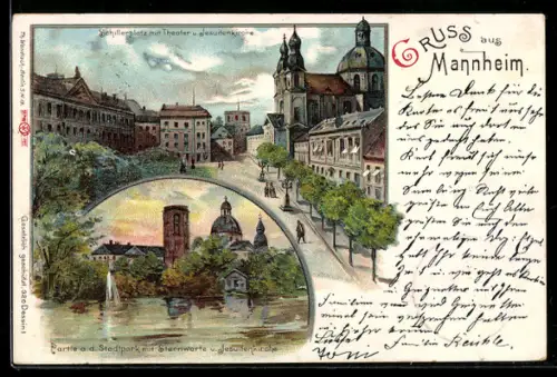 Lithographie Mannheim, Schillerplatz mit Theater und Jesuitenkirche, Partie aus Stadtpark mit Sternwarte