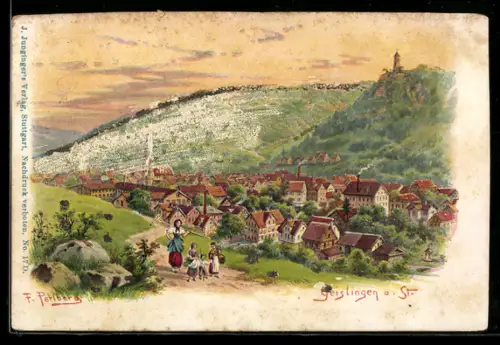 Künstler-AK Friedrich Perlberg: Geislingen a. St., Ortsansicht mit Burg auf dem Berg, Glitter