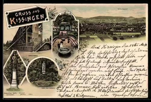 Lithographie Bad Kissingen, Gradierbau, Maxbrunnen, König Max Denkmal