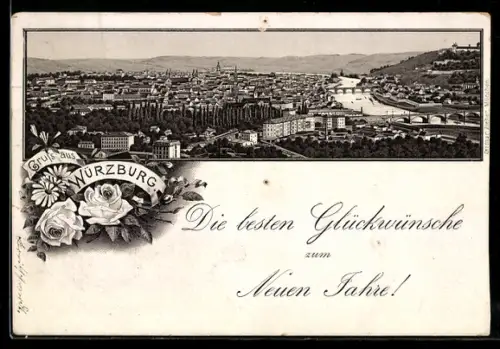 Lithographie Würzburg, Ortspanorama, Main, Brücken, Neujahrsgruss