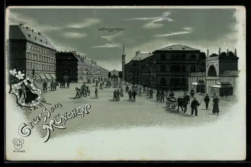 Mondschein-Lithographie München, Ludwigstrasse mit Turm, Passanten, silberner Mond, Kindl-Wappen