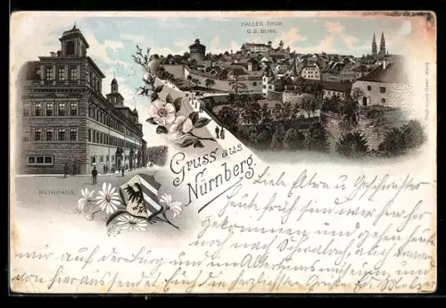 Vorläufer-Lithographie Nürnberg, 1994, Rathaus, Haller Thor und Burg, Wappen