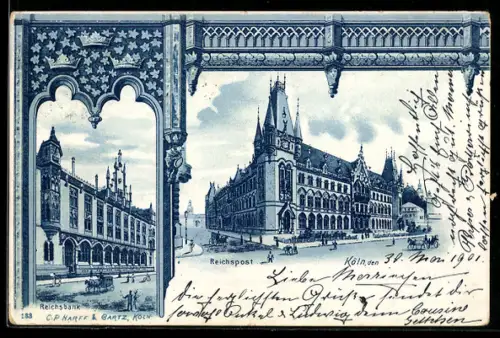 Lithographie Köln, Reichspost mit Strasse, Reichsbank, Fenster-Passepartour