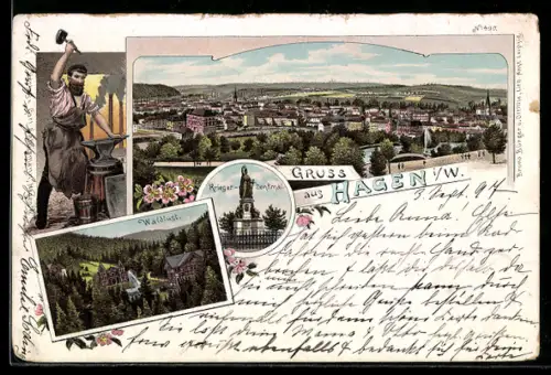 Lithographie Hagen i. W., Schmied, Ortsansicht, Krieger-Denkmal, Waldlust