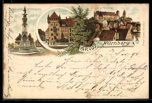 Lithographie Nürnberg, Nassauer Haus, Neuer Kunstbrunnen, Burg