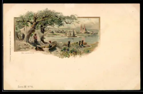 Lithographie Geisenheim, Rheinansicht mit Booten und Ortsansicht, Fischerpaar mit Boot u. Netzen