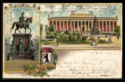 Passepartout-Lithographie Berlin, Reiterstandbild Friedrich Wilhelm III., Königl. Museum, Lustgarten, Wappen