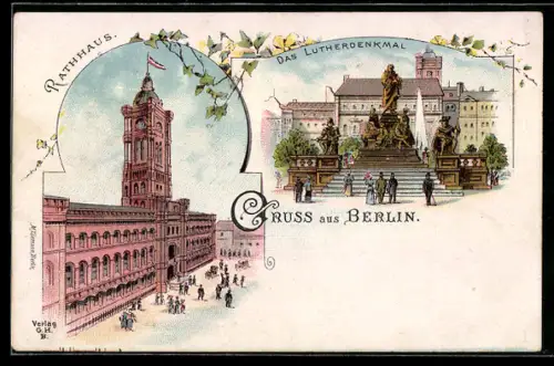 Lithographie Berlin, Rathaus aus der Vogelschau, Lutherdenkmal, Neuer Markt