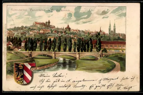 Präge-Lithographie Nürnberg, Panorama von St. Johannis, Burg, Brücke, Wappen