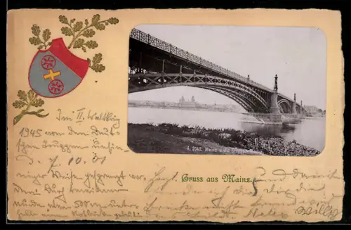 Präge-AK Mainz, Mainz und die Strassenbrücke, Wappen mit Eichenlaub