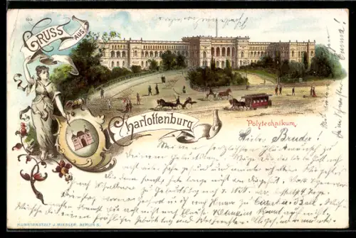 Lithographie Berlin-Charlottenburg, Polytechnikum mit Strasse u. Pferdebahn, Frauenfigur mit Wappen