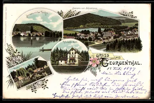 Lithographie Georgenthal, Panorama vom Schiesshause, Gasthaus Rodebachs Mühle, Panorama mit den Teichen