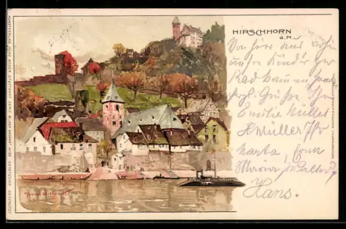 Künstler-AK Manuel Wielandt: Hirschhorn a. N., Schloss, Ortsansicht, Neckarpartie