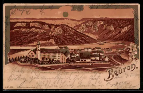 Lithographie Beuron, Klosteransicht, Felsenlandschaft, Donautal, goldene Sonne