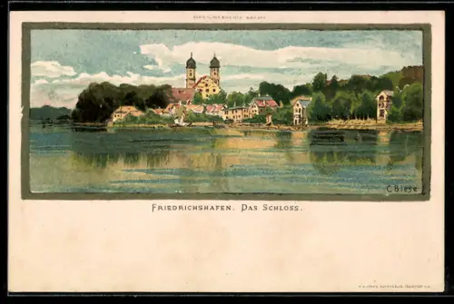 Lithographie Friedrichshafen, Ortspanorama mit Schloss, vom Wasser gesehen