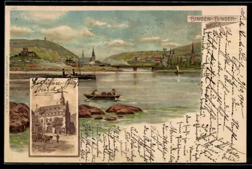 Lithographie Bingen, Teilansicht mit Bingerbrück, Brücke, Rheinansicht, Rathaus in Bingen