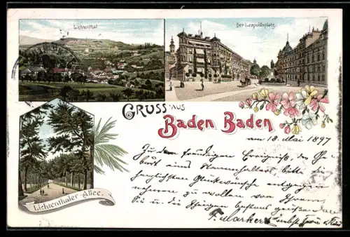 Lithographie Baden Baden, Lichtenthaler Allee, Leopoldsplatz, Lichtenthal