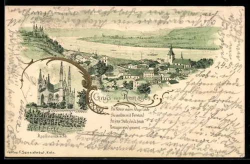 Lithographie Remagen, Gesamtansicht mit Rhein, Apollinariskirche