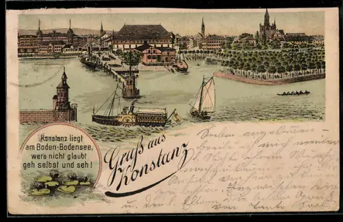 Lithographie Konstanz, Ortsansicht mit Hafen, Bodensee, Segelbooten und Münster, Seerosen