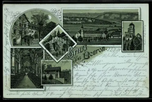 Mondschein-Lithographie Beuron, Klosterpforte, Inneres der Kirche, St. Maurus-Kapelle